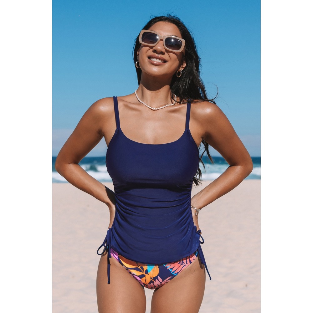 Cupshe Navy Blue Ruched Tankini Set Tropical Floral Bottoms XL